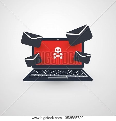 Laptop And Envelopes - Malware Infection By E-mail - Virus, Backdoor, Ransomware, Fraud, Spam, Phish