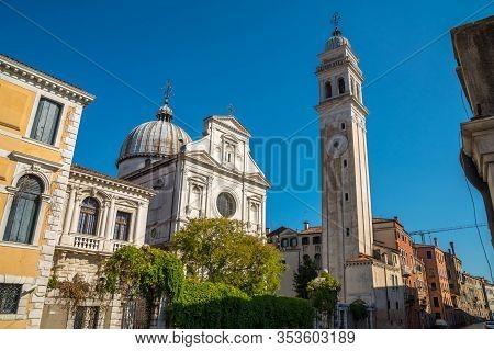 Ancient Church And Bell Tower Called San Giorgio Dei Greci In Venice