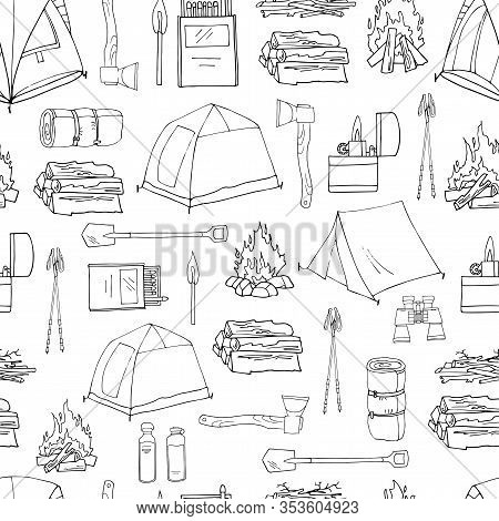 Hand Drawn Vector Seamless Pattern With Black Elements Isolated On White. Endless Texture. Hiking An