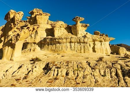 The Enchanted City Of Bolnuevo, Yellow Sandstone Shapes, Rock Formations, Murcia Spain. Tourist Attr