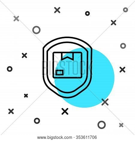Black Line Delivery Pack Security With Shield Icon Isolated On White Background. Delivery Insurance.