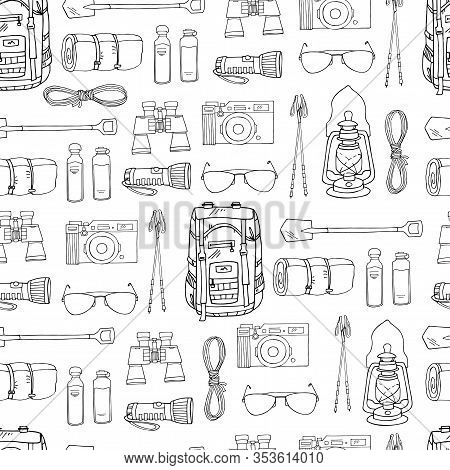 Hand Drawn Vector Seamless Pattern With Doodle Objects Isolated On White. Endless Texture. Backpack,