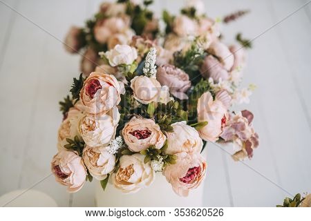 Beautiful Beige Flower Bouquet In The Box On The Flloor Light Floor Wooden With Place For Text