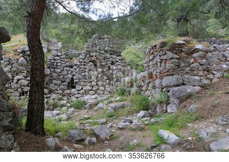 Chimera church  ruin  in forest near Yanartash near cirali village in Turkey. Famous Likya Yolu tourist way in Turkey