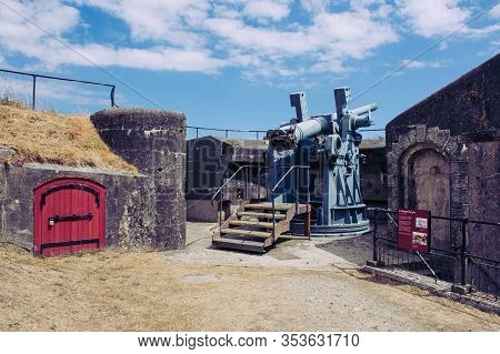 Falmouth, Cornwall, England - July 25, 2018: A 6 Inch Artillery Gun On The Site Of The One Gun Batte