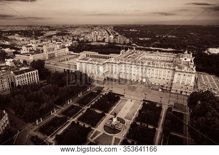 Royal Palace aerial view at sunrise in Madrid, Spain.