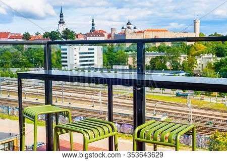 View From Rooftop Cafe Fotografiska Tallinn Art Centre, Urban Cityscape, Castle And Church Towers In