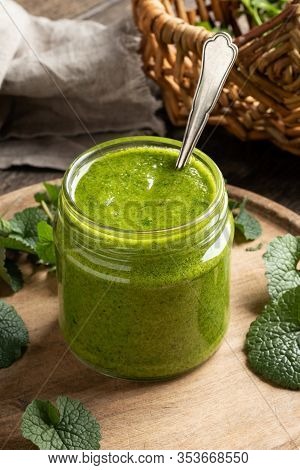 Pesto Made From Young Leaves Of Garlic Mustard Or Alliaria Petiolata - A Wild Edible Plant Growing I