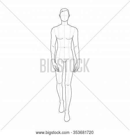 Fashion Template Of Walking Men. 9 Head Size For Technical Drawing With Main Lines. Gentlemen Figure