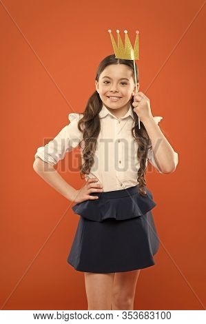 Her Pride. Little Girl In Uniform With Crown Prop. Kid Fashion Beauty. Luxury And Future Success. Se