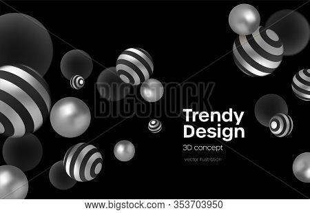Abstract Background With Realistic Blackand Silver Bubblesdynamic 3d Spheres. Modern Trendy Banner O