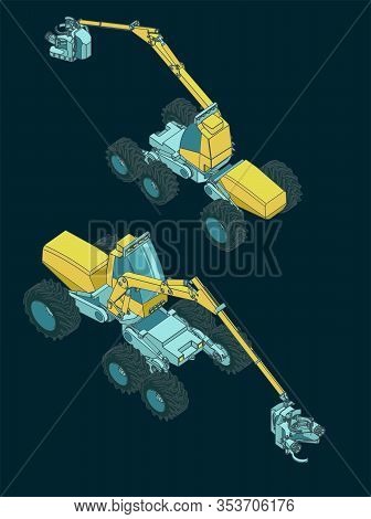 Stylized Vector Illustrations Of A Forest Harvester Machine Isometric View