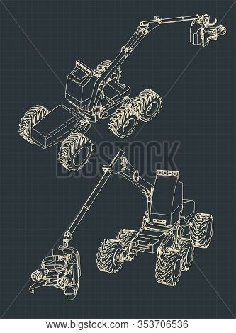 Stylized Vector Illustrations Of A Forest Harvester Machine Colorful Blueprints