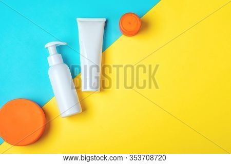 Sunprotection Objects, Suscreen. Flat Lay, Natural Cosmetics, Cream Spf For Face And Body Summer Tra