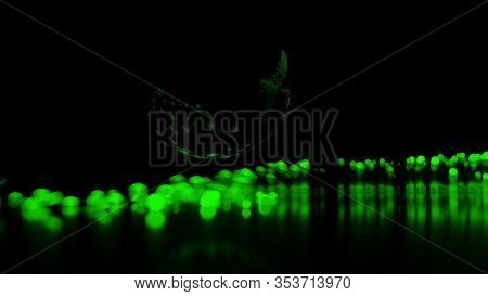 Abstract Stream Of Spherical Particles Reflected From A Large Black Circular Sphere. Paricles Are Gl