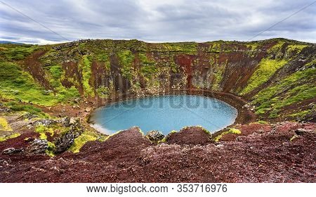 Red Green Kerio Volcano Crater Blue Lake Golden Falls Golden Circle Iceland.  Crater Is 3,000 Years 