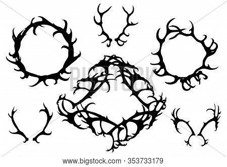 Set Of Black Silhouettes Of Deer Horns, Round Frames Of Antlers. The Object Is Separate From The Bac
