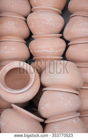 Pottery Jugs At The Fair. Handicrafts Of Folk Potters.
