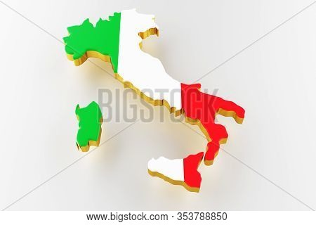 3d Map Of Italy. Map Of Italy Land Border With Flag. Italy Map On White Background. 3d Rendering