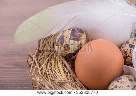 Beautiful Easter Straw Basket With Many Eggs And White Feather. Happy Easter With Hidden Nest. Tradi