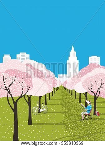 Public Park Outdoors Leisure Activity. Bloooming Cherry Trees In City Garden Background. Bicyclist G