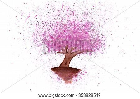 On A White Background Watercolor Paint Painted A Tree With Crimson Leaves In The Form Of Splash Drop