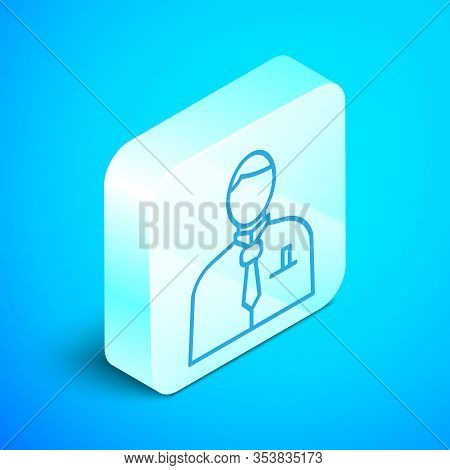 Isometric Line Businessman Or Stock Market Trader Icon Isolated On Blue Background. Silver Square Bu