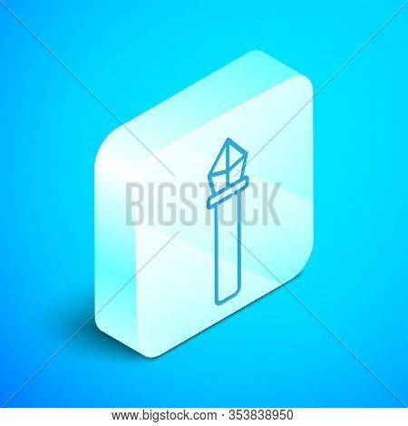 Isometric Line Magic Staff Icon Isolated On Blue Background. Magic Wand, Scepter, Stick, Rod. Silver