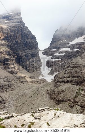 Mountain Alps Panorama With Col Bocca Del Tuckett And Snow Field In Brenta Dolomites, Italy