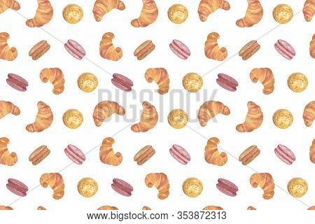 Repeat Pattern Of Traditional French Breakfast Bun Made Of Puff Paste And Colored Macaroons, Symbol 