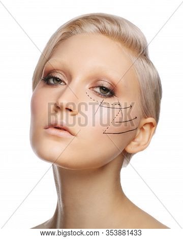 Close Up Portrait Of Fashionable Cucasian Woman On White Background