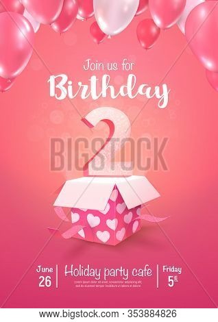 Celebrating Of 2 Years Birthday Vector 3d Illustration On Soft Background. Two Years Anniversary Cel