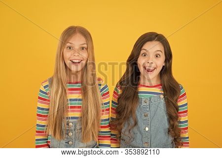 Grow Hair. Hairdresser Salon. Kids Beautiful Friends Or Sisters With Perfect Hairstyles. Chevelure C