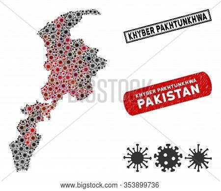 Coronavirus Collage Khyber Pakhtunkhwa Province Map And Rubber Stamp Seals. Khyber Pakhtunkhwa Provi