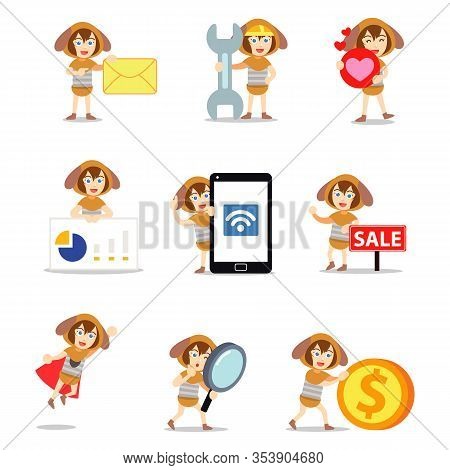 Set Character Of Woman Wearing Dachshund Slinky Toy Costume In Toy Exhibition Event.