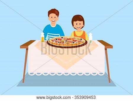 Sister And Brother Eating Dinner Flat Illustration. Cartoon Siblings Posing For Photo In Pizzeria. F