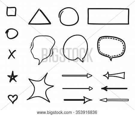 Set Of Different Geometric Shapes And Symbols. Hand Drawn Speech Bubbles. Abstract Speech Bubble On 