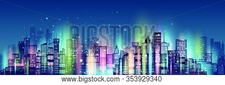 Abstract Technology Neon In Modern Architecture Downtown Skyscraper Background, Cityscape Skyline Pa