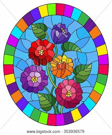 Illustration In Stained Glass Style With A Bouquet Of Multicolored Tsiniya Flowers, Oval Image In A 