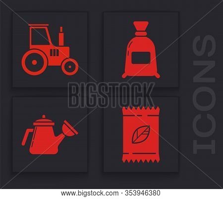 Set A Pack Full Of Seeds Of A Specific Plant, Tractor, Bag Of Flour And Watering Can Icon. Vector