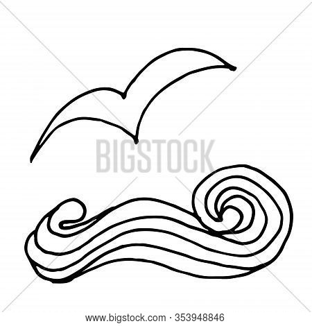 Abstract Vector Hand Drawn Blue Wave And Seagulls