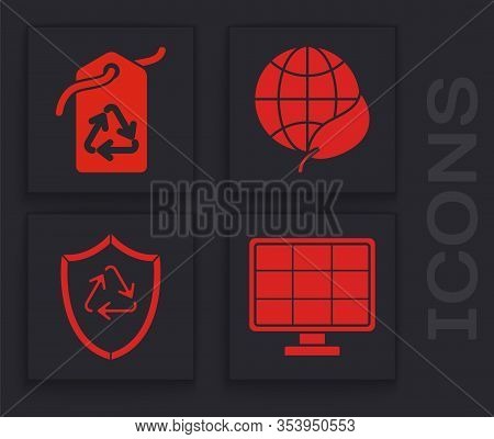 Set Solar Energy Panel, Tag With Recycle Symbol, Earth Globe And Leaf And Recycle Symbol Inside Shie