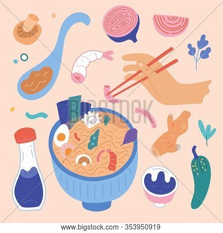 Doodle Ramen. Various Noodles, Saoy Sauce, Ingredients And Chopsticks And Other Objects. Hand Drawn 