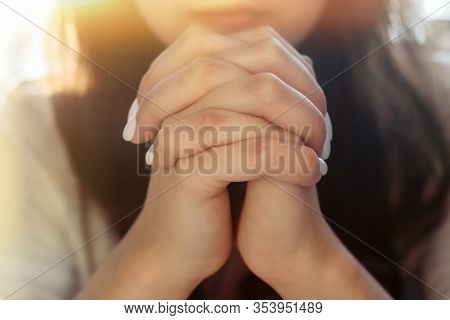 Woman Hands Praying To God. Woman Pray For God Blessing To Wishing Have A Better Life. Begging For F