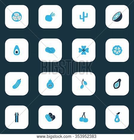 Fruit Icons Colored Set With Beans, Cactus, Papaya And Other Sparrowgrass Elements. Isolated Illustr