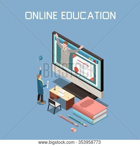 Online Education Isometric Composition With Lector Presenting Diploma And Square Academic Cap From M