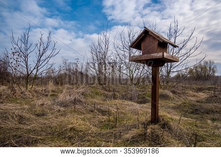 Wooden Bird Feeder With Blue Sky In The Background. A Bird Feeder In The Shape Of A House In A Park 
