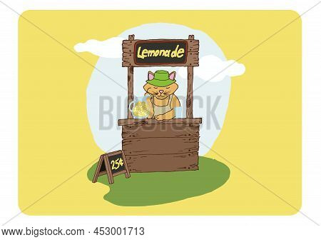 Illustration Of A Stand With Lemonade And A Cat. Lemonade Stand, Hot, Lemon, Summer Time, Ready To U