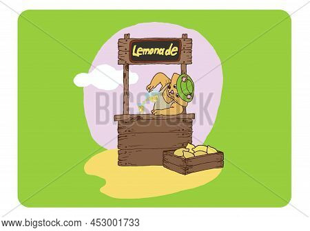 Illustration Of A Stand With Lemonade And A Cat. Lemonade Stand, Lemon Crate, Summer Time, Ready To 