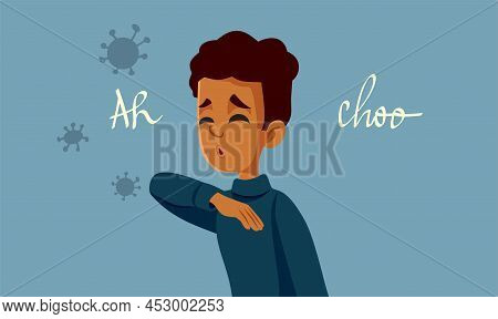 Boy With Viral Infection Sneezing In Her Elbow Vector Cartoon